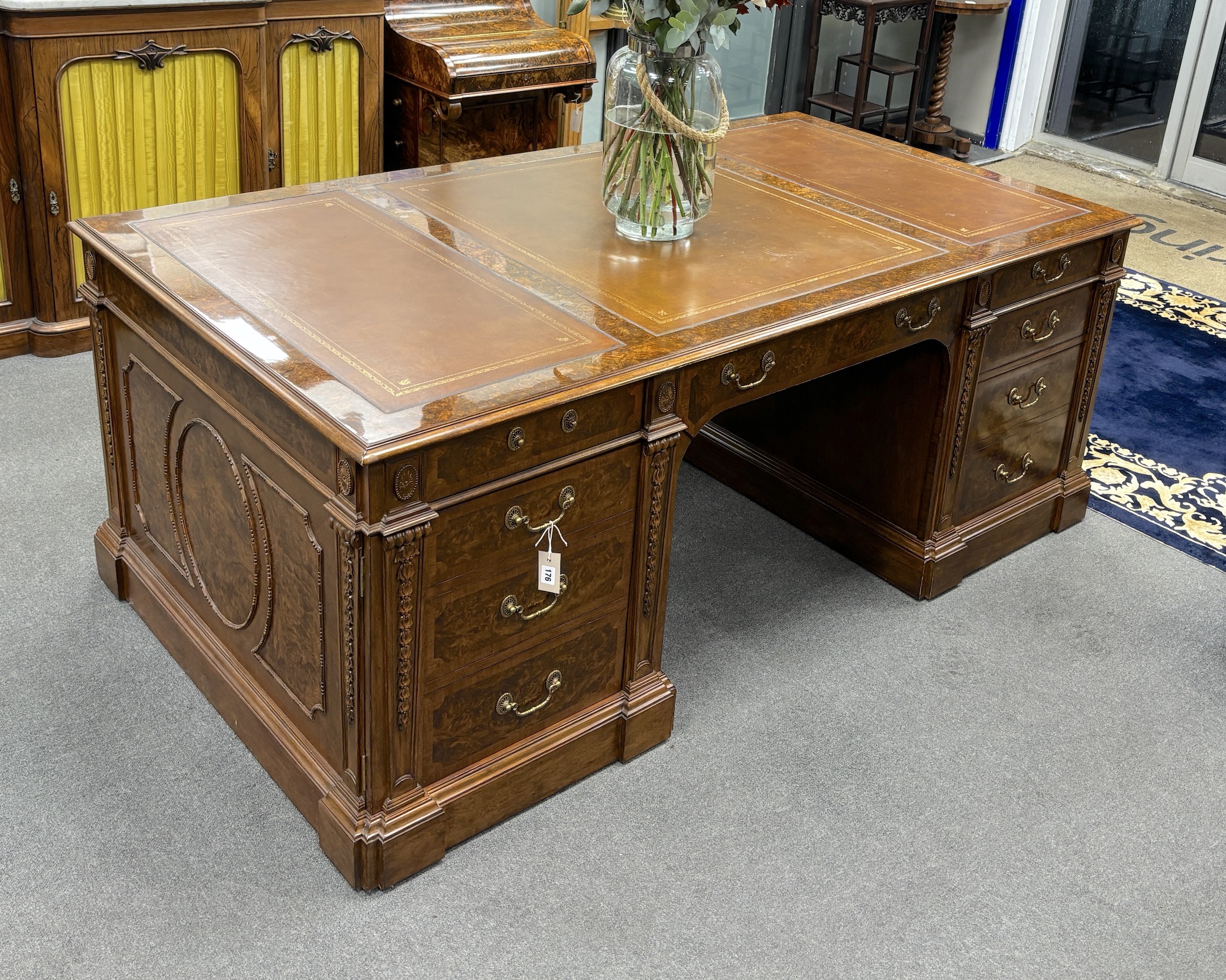 A George III style burr walnut pedestal partner's desk, width 193cm, depth 107cm, height 76cm